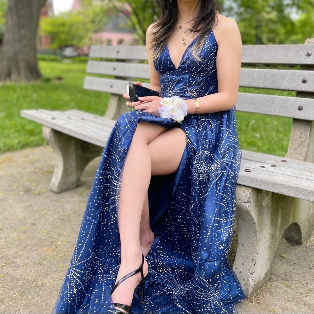 Womens Royal Blue V-neck Glitter Hi-cut Slit Prom Dress